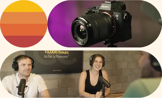 Team members talking with a camera