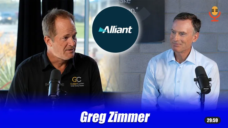 Podcast thumbnail titled "Greg Zimmer" showing two men in conversation at microphones, with the Alliant logo between them.