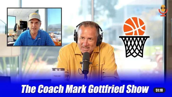 "The Coach Mark Gottfried Show" thumbnail featuring a man wearing headphones at a microphone, a video call inset of a second guest, and a basketball hoop icon.