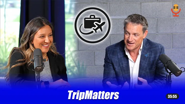 "TripMatters" podcast thumbnail featuring a man and woman in conversation at microphones, with a travel briefcase and airplane icon between them.
