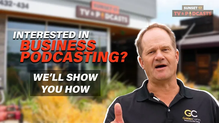 A Sunset 17 owner Jason Lavin in a black polo gestures outside the Sunset 17 TV & Podcasts studio storefront, with on screen text "Interested in business podcasting? We'll show you how."