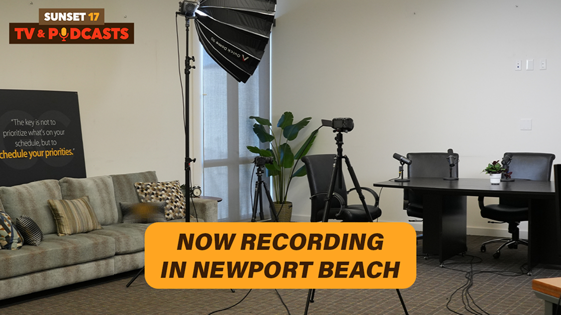 Sunset 17 TV & Podcasts studio in Newport Beach with cameras, lighting, a couch and a desk, now recording
